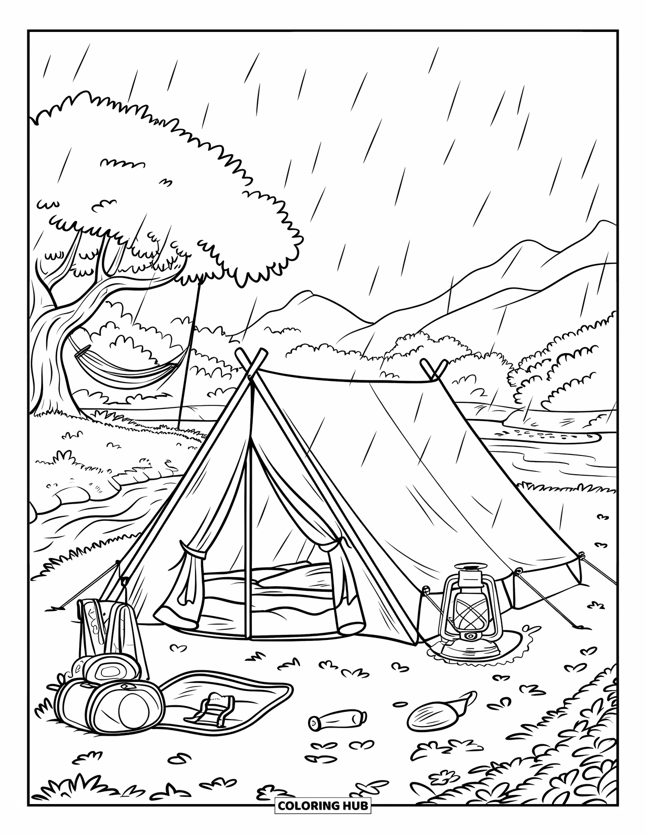 Rain Coloring Page for Kids: A riverside tent with camping gear, a hammock, and mountains behind