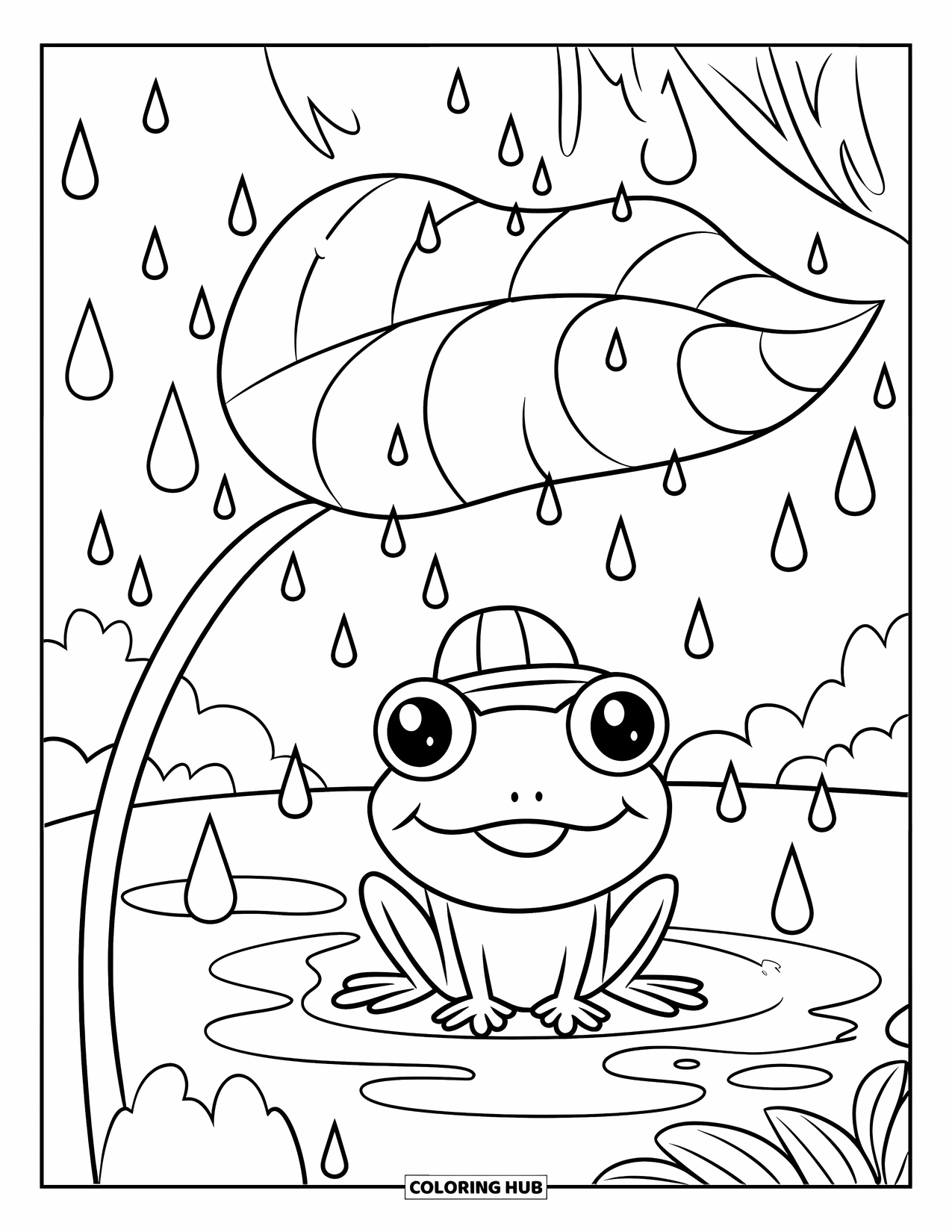 Rain Coloring Page for Kids: A small frog with a hat rests beneath a leaf as raindrops fall