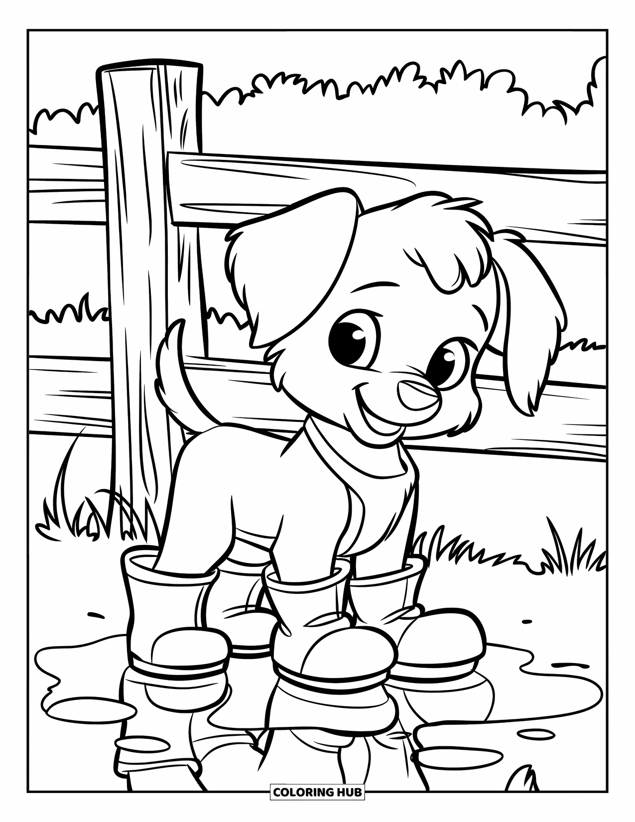 Rain Coloring Page for Kids: A small puppy wearing oversized boots beside a puddle and fence