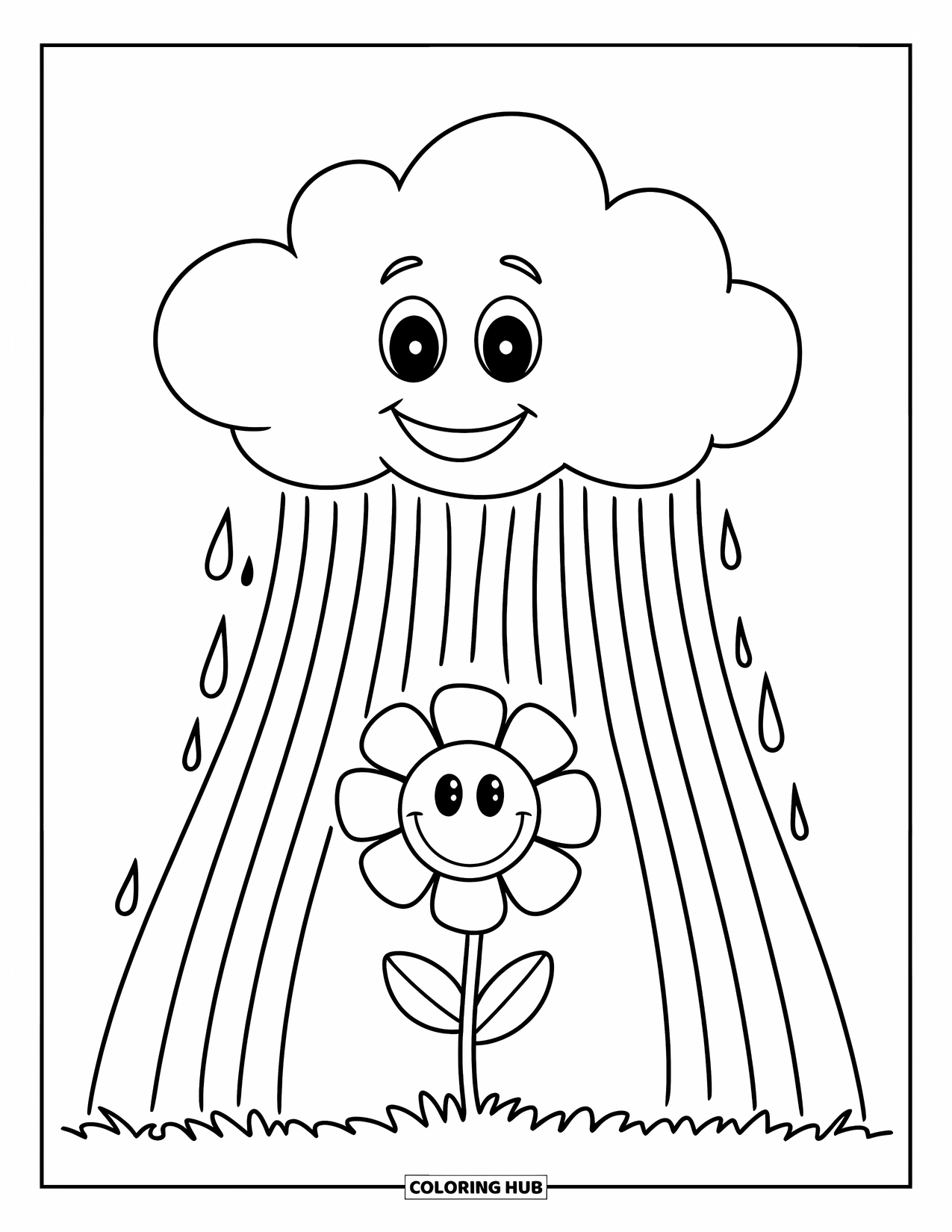 Rain Coloring Page for Kids: A smiling cloud holding a rainbow rains over a happy flower