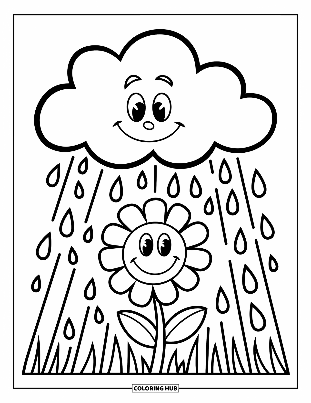 Rain Coloring Page for Kids: A smiling cloud pours rain over a large, happy flower