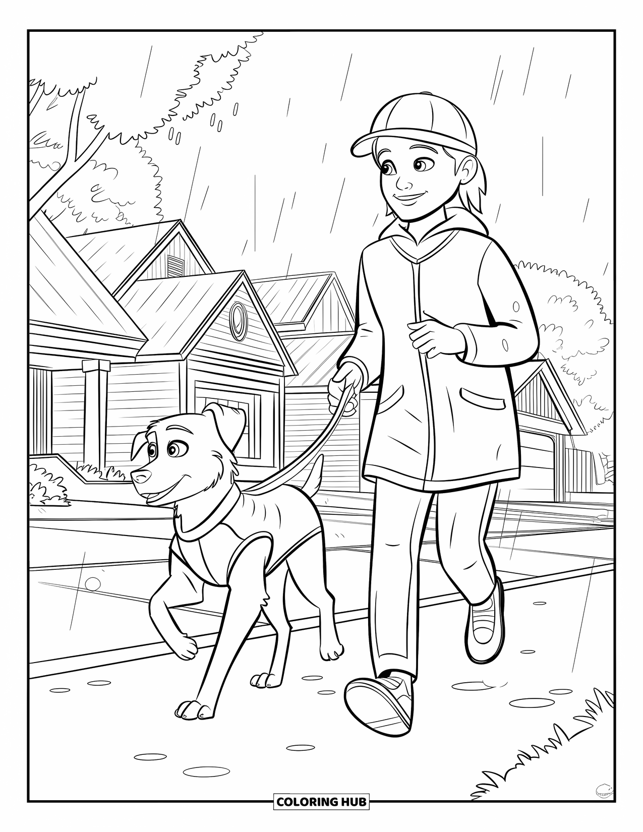 Rain Coloring Page for Kids: A teen and a dog in raincoats jogging together through a calm neighborhood
