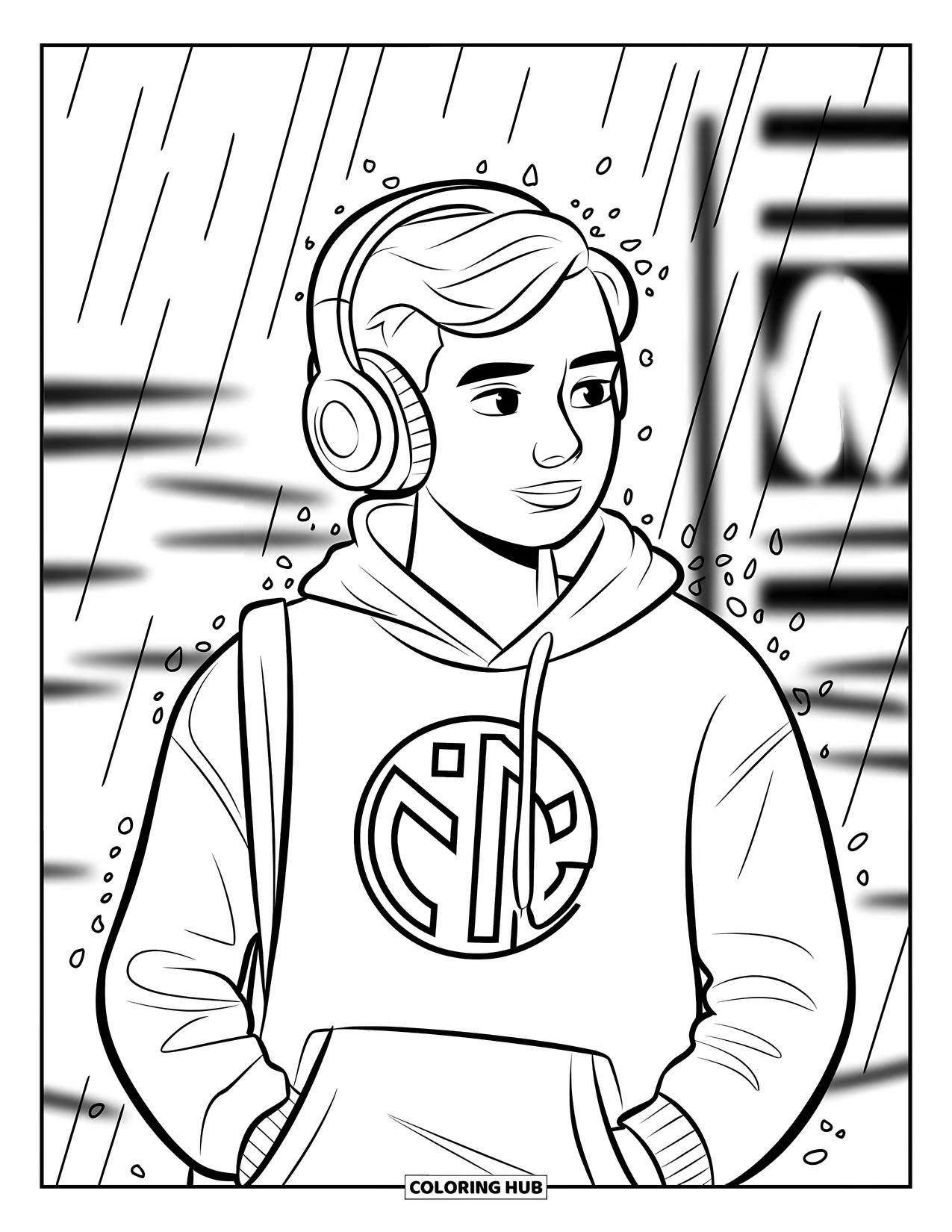 Rain Coloring Page for Kids: A teen wearing headphones walks through the rain with a hoodie on