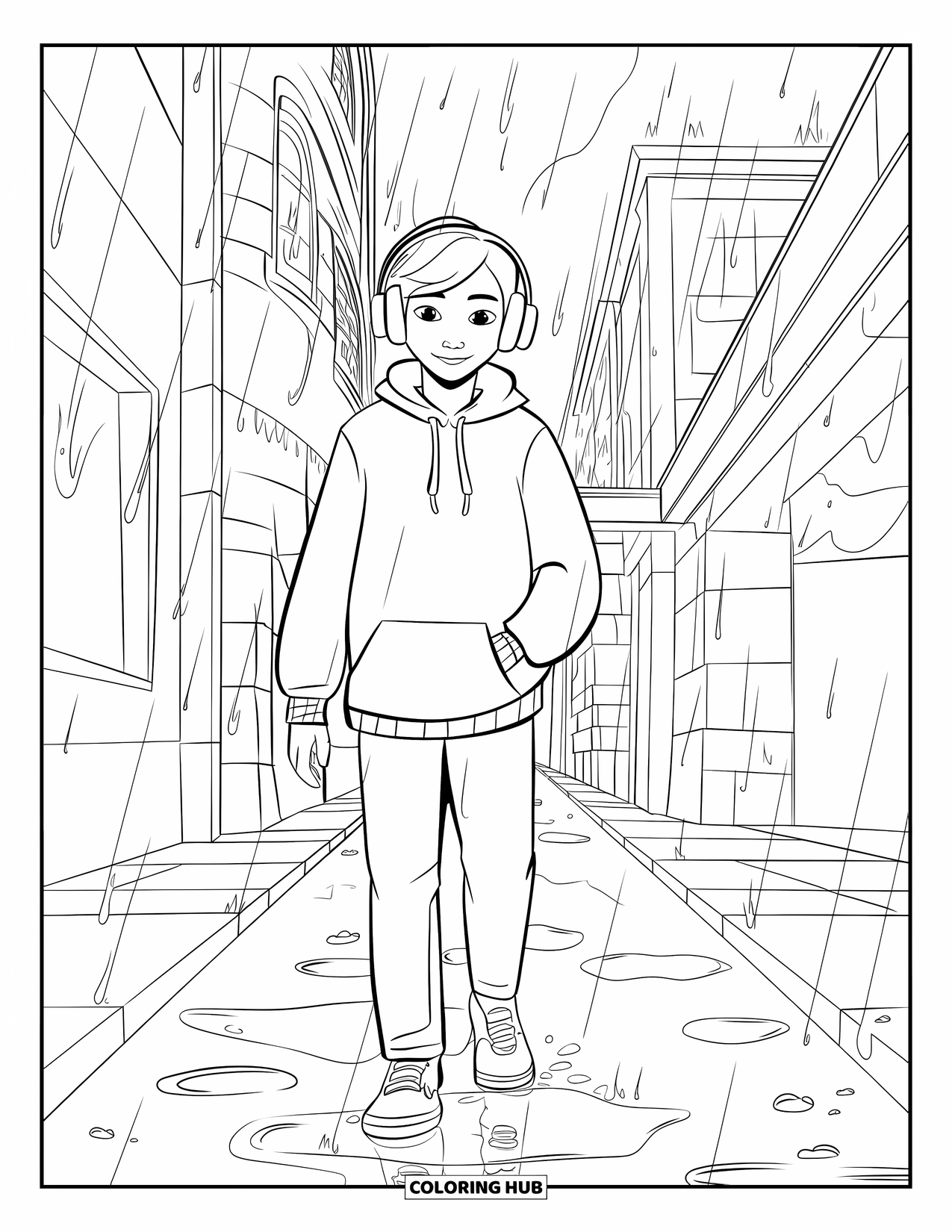 Rain Coloring Page for Kids: A teen with headphones walks through rainy streets lined with tall buildings