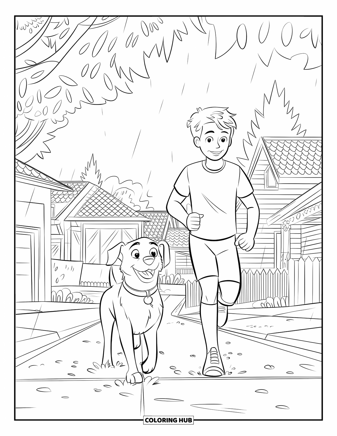 Rain Coloring Page for Kids: A teen with wet hair and a dog jogging together under light rain