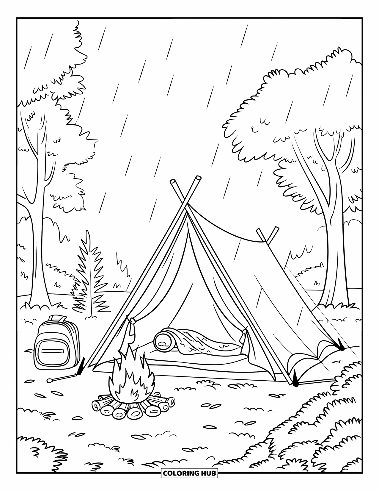 Rain Coloring Page for Kids: A tent near trees and a campfire surrounded by scattered camping items