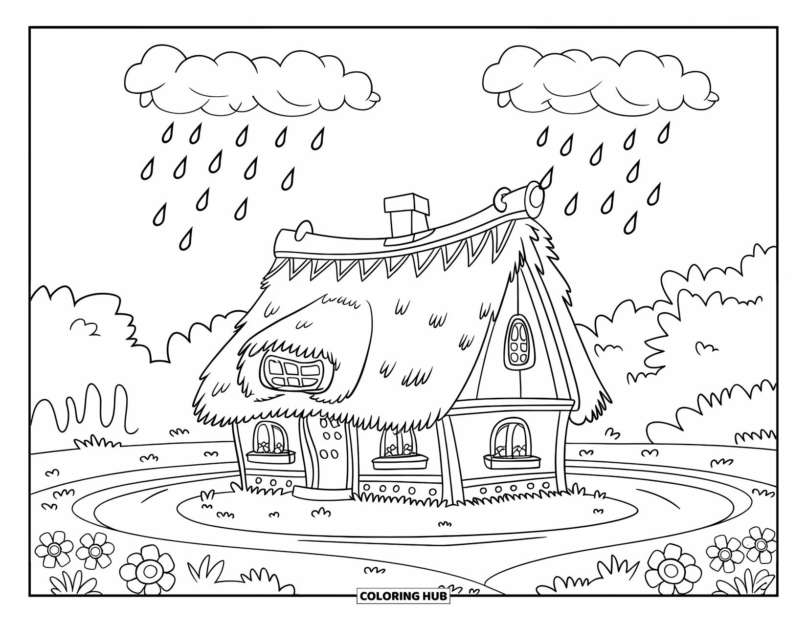 Rain Coloring Page for Kids: A thatched treehouse surrounded by flowers and rain falling from clouds
