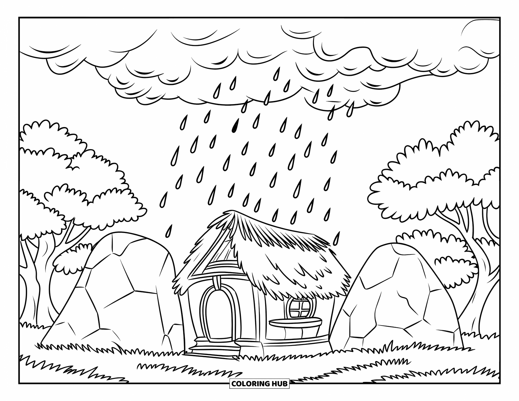 Rain Coloring Page for Kids: A tiny house between rocks with raindrops falling from the cloudy sky
