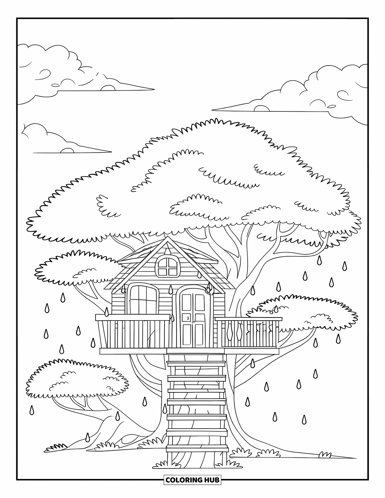 Rain Coloring Page for Kids: A treehouse connected to a tall tree with rain trickling down