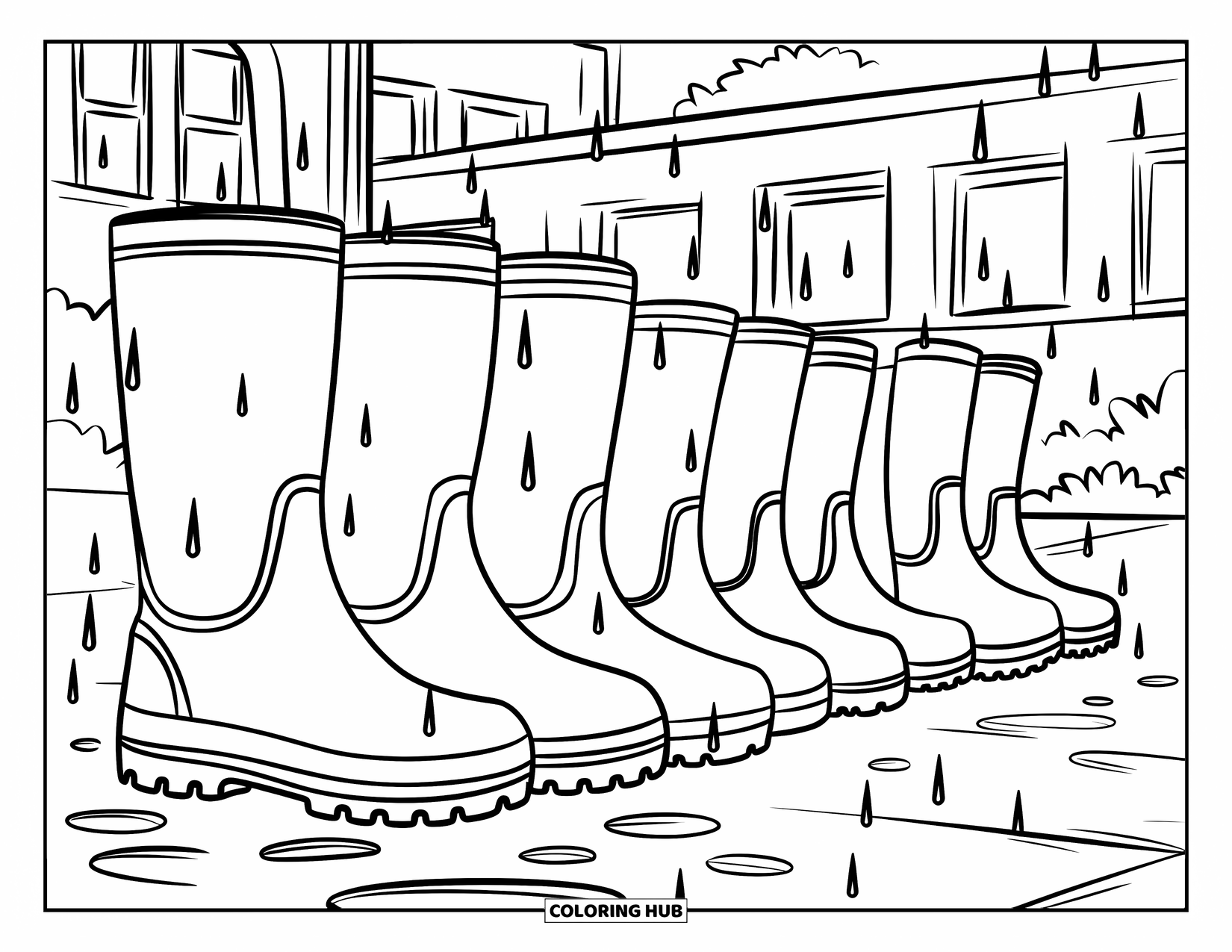 Rain Coloring Page for Kids: Five rain boots at a school doorway with raindrops falling overhead