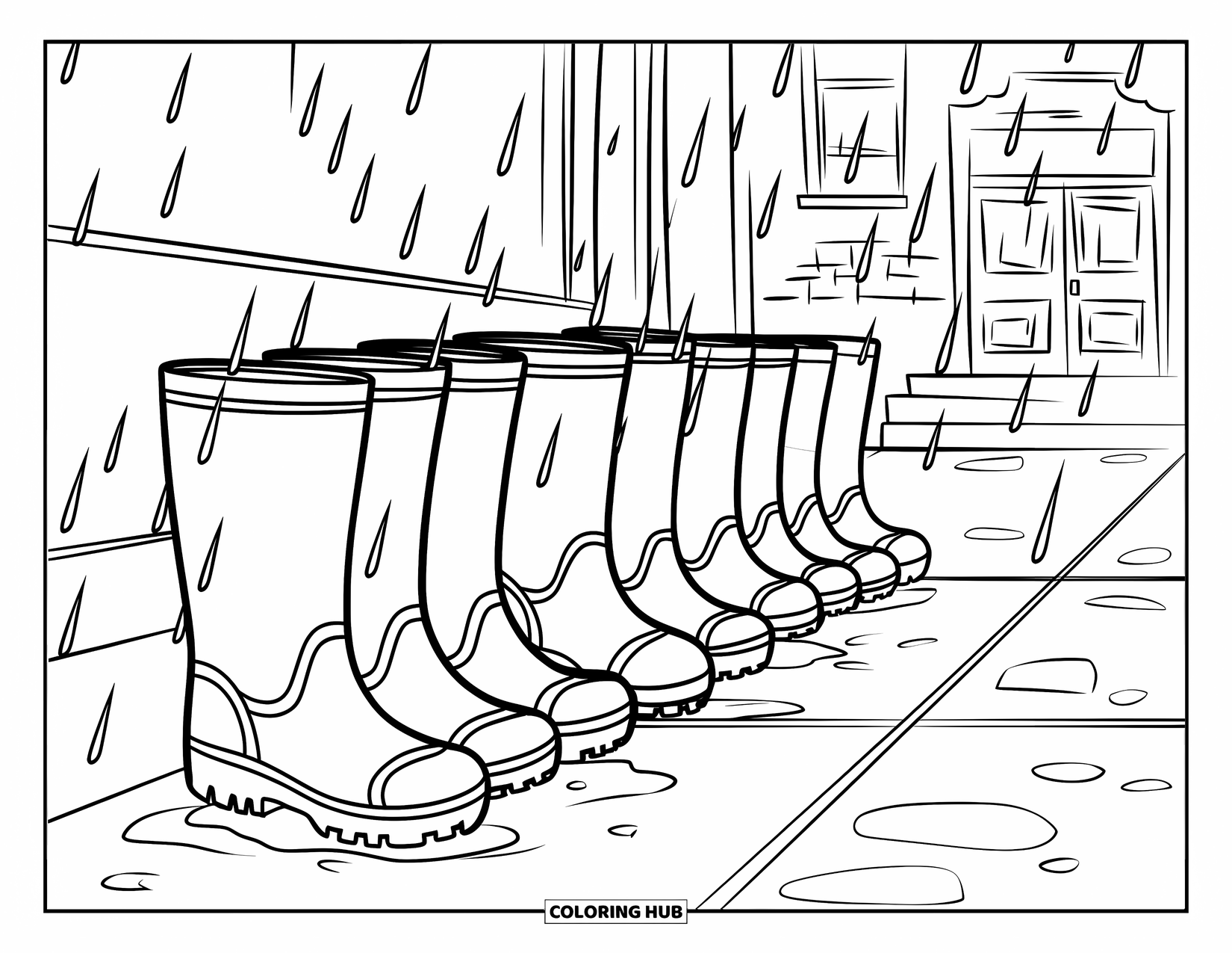 Rain Coloring Page for Kids: Rain boots neatly arranged at a school entrance as raindrops fall