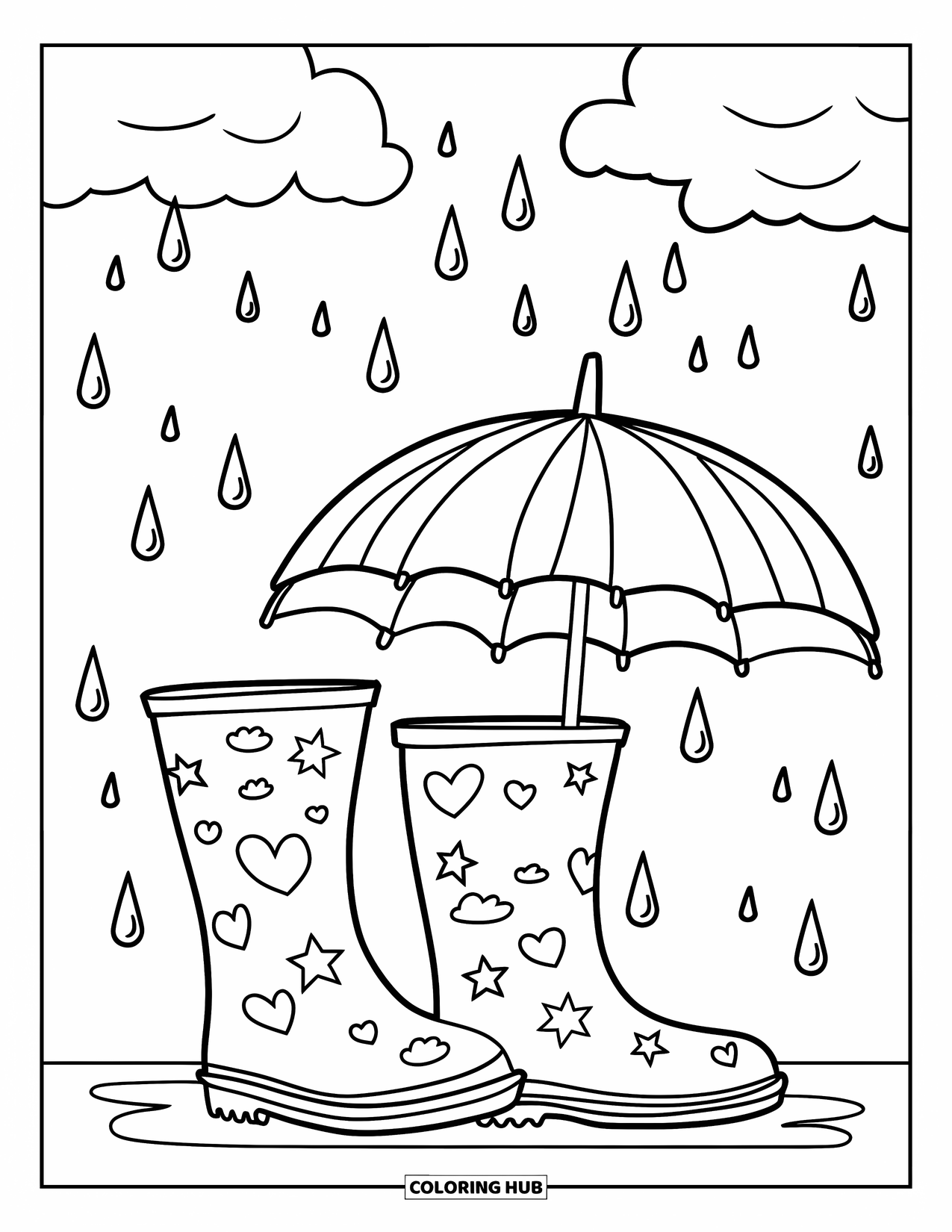Rain Coloring Page for Kids: Rain boots with patterns stand near an umbrella as heart-shaped raindrops fall