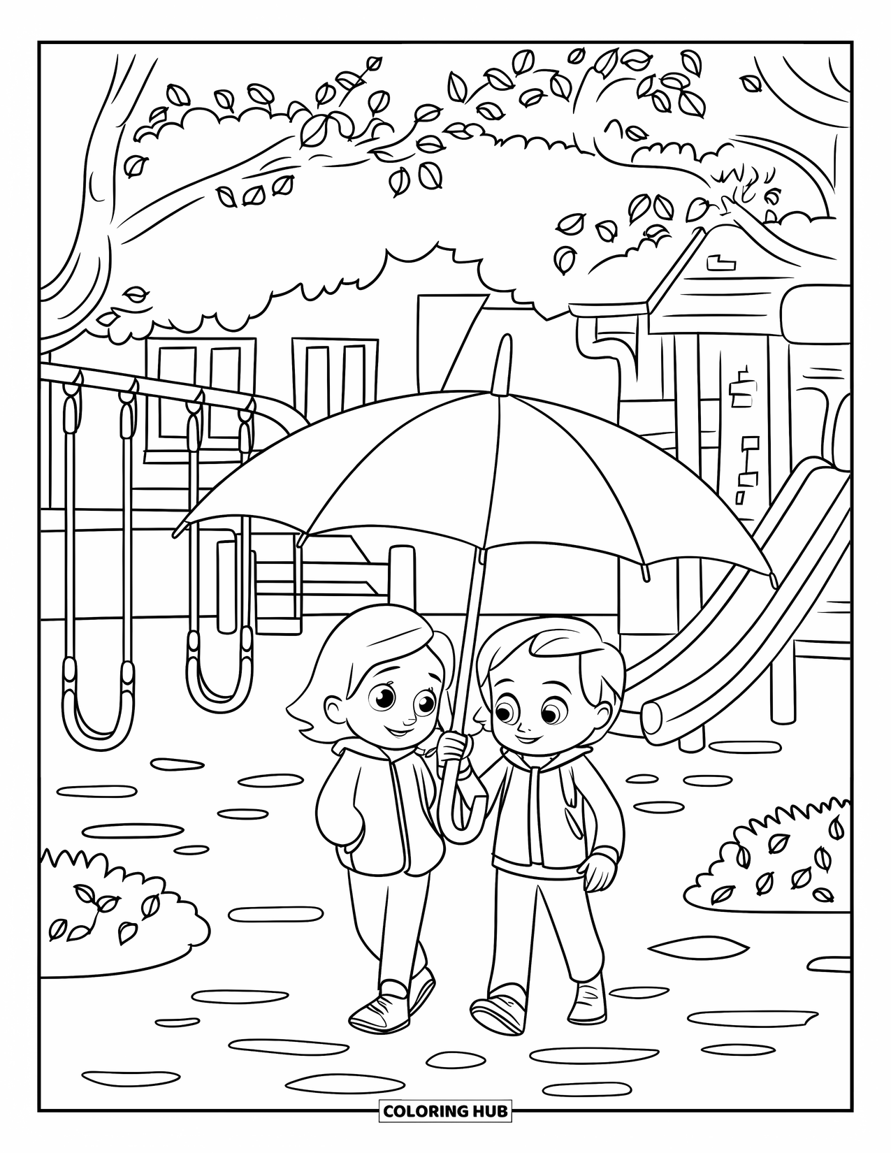 Rain Coloring Page for Kids: Two kids with a big umbrella walking past a playground in the rain