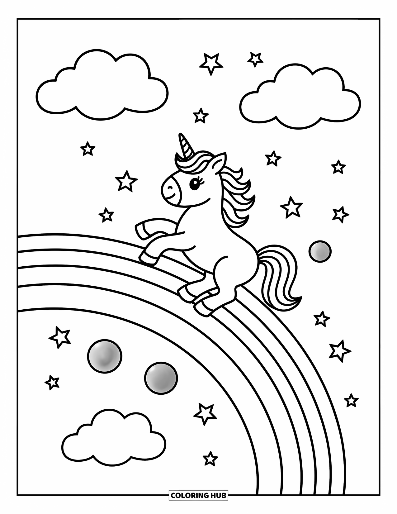 Rainbow Unicorn Coloring Page for Adults: A happy unicorn glides down a rainbow surrounded by stars and butterflies