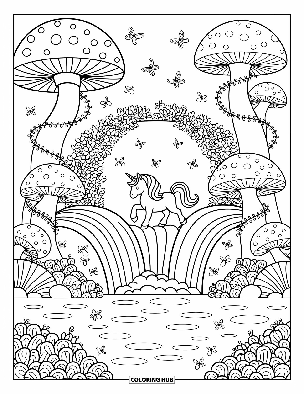 Rainbow Unicorn Coloring Page for Adults: A unicorn gazes at a rainbow stream beside whimsical mushrooms and vines