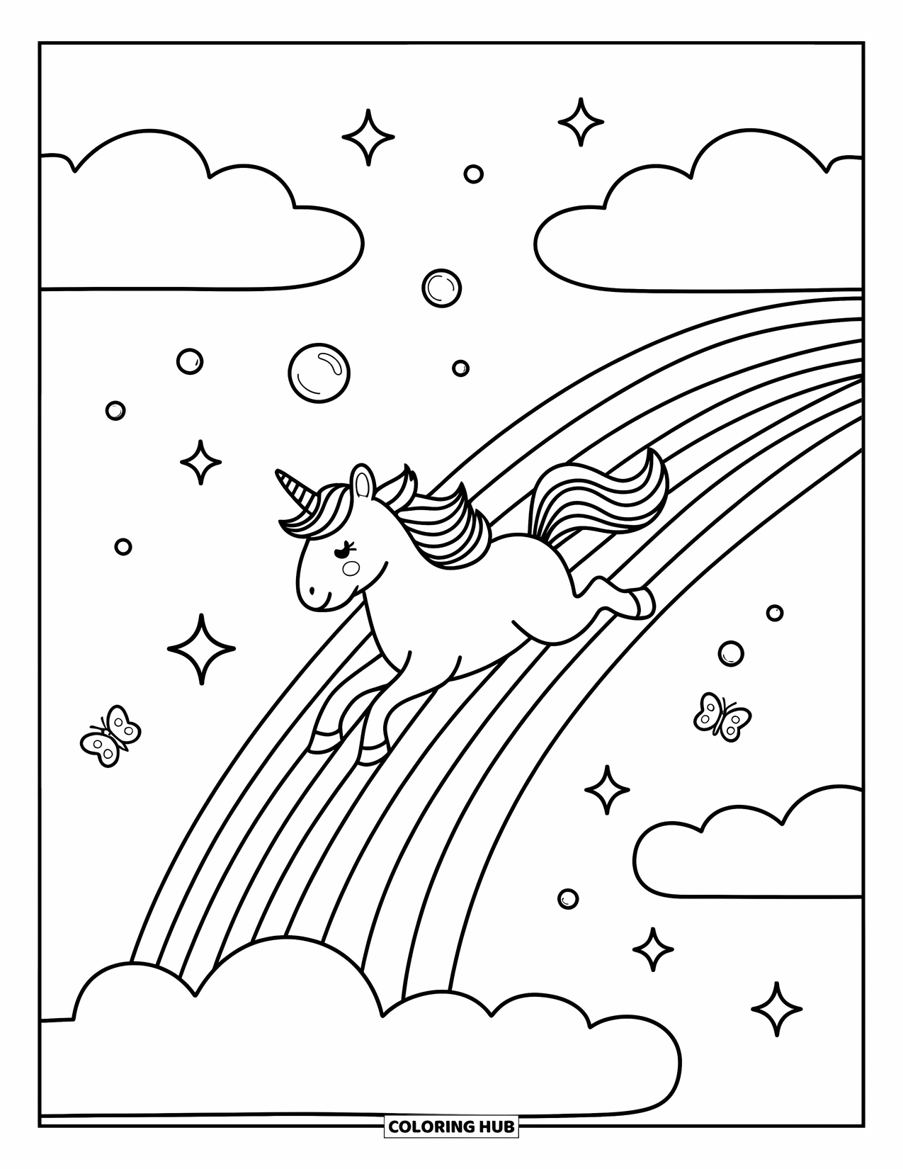 Rainbow Unicorn Coloring Page for Adults: A unicorn happily slides down a rainbow as stars twinkle around it