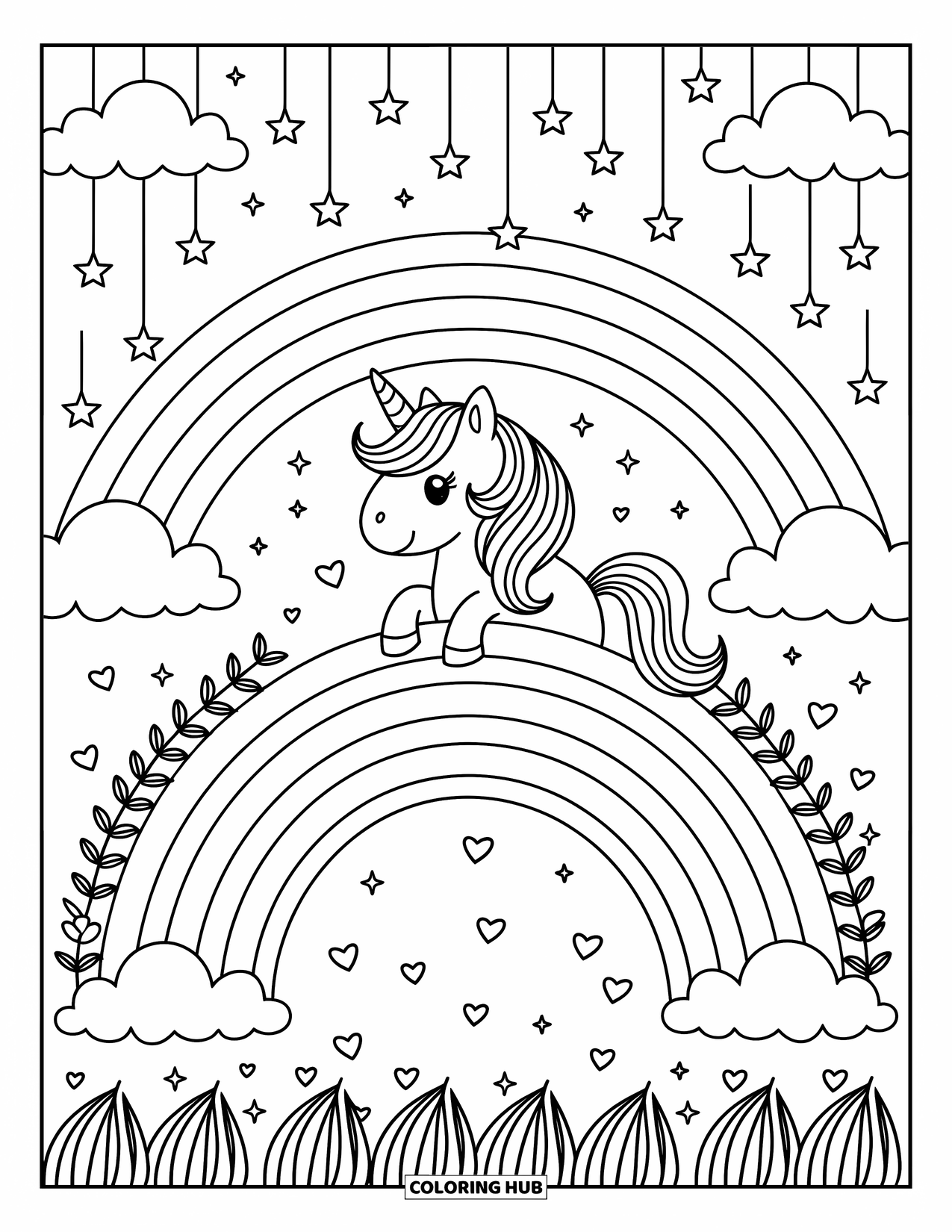 Rainbow Unicorn Coloring Page for Adults: A unicorn peeks over a colorful hill with blossoms and hanging star ornaments