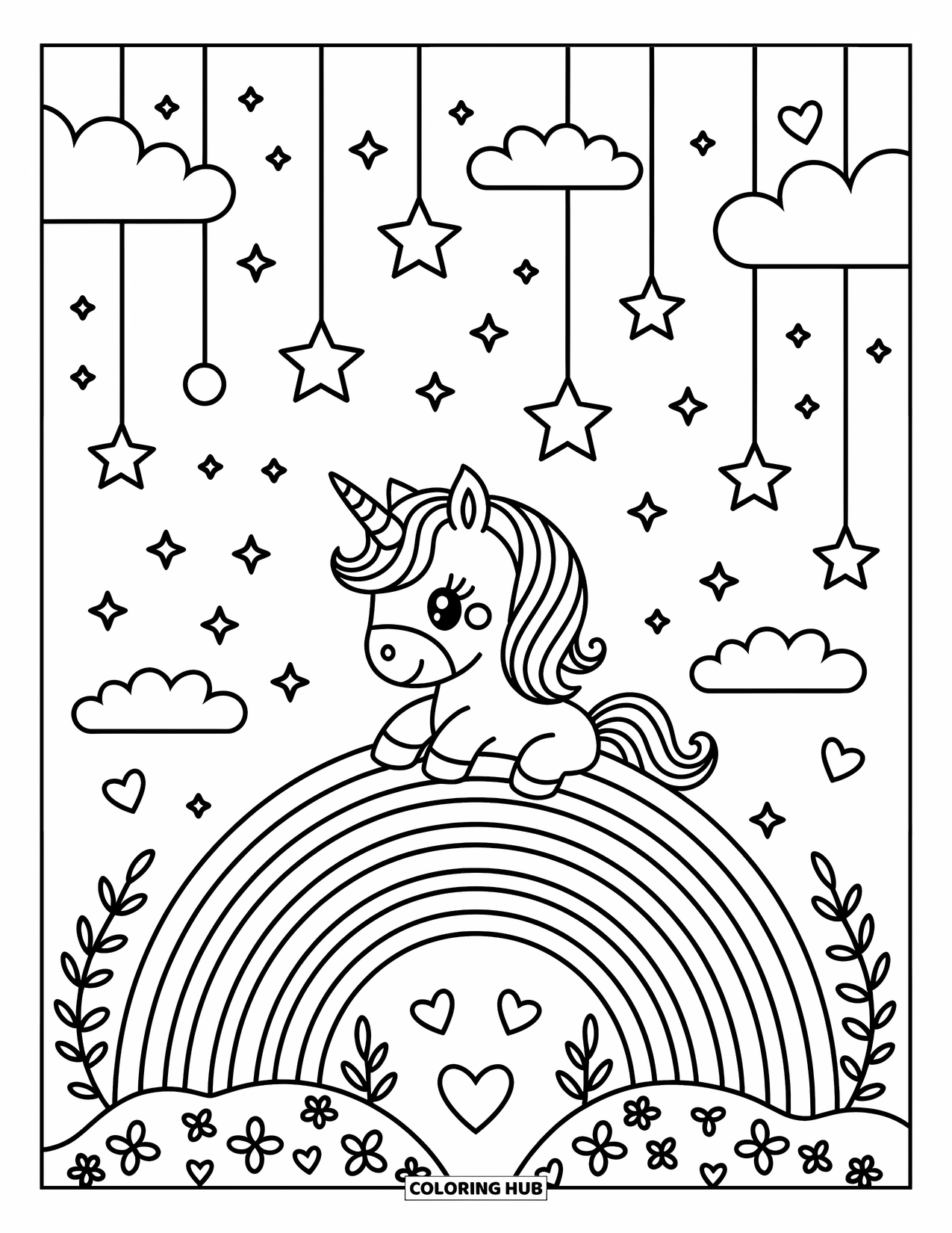 Rainbow Unicorn Coloring Page for Adults: A unicorn peeks over a rainbow hill beneath clouds filled with sparkling stars