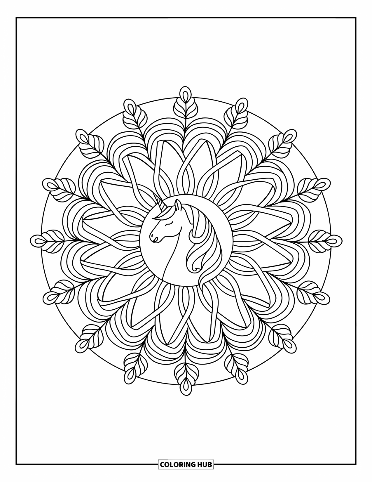 Rainbow Unicorn Coloring Page for Adults: A unicorn rests at the center of a mandala filled with rainbow ribbons