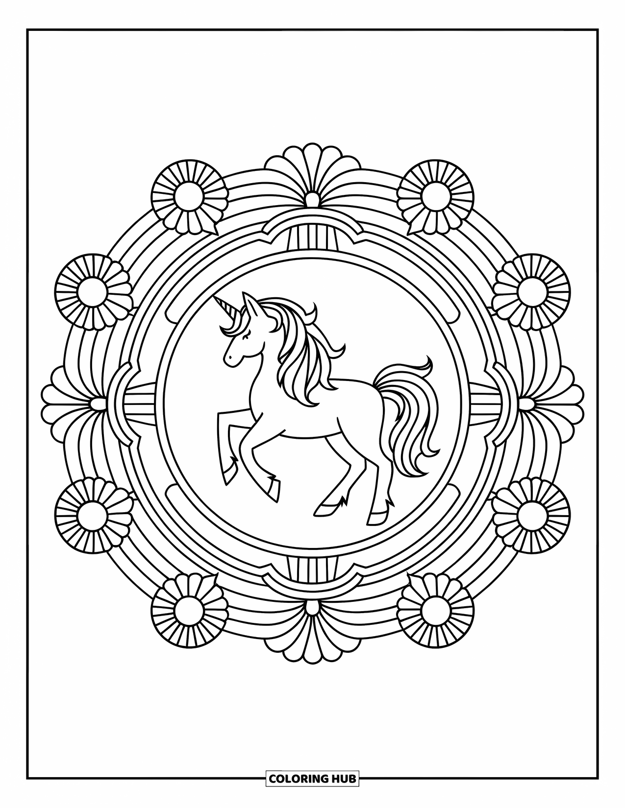Rainbow Unicorn Coloring Page for Adults: A unicorn rests inside a floral mandala with rainbow-themed details