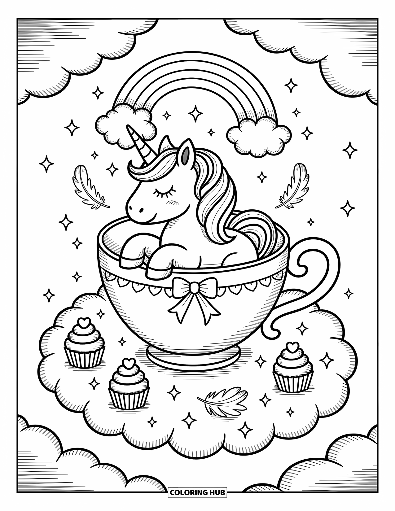 Rainbow Unicorn Coloring Page for Adults: A unicorn rests inside a teacup surrounded by clouds, stars, and cupcakes