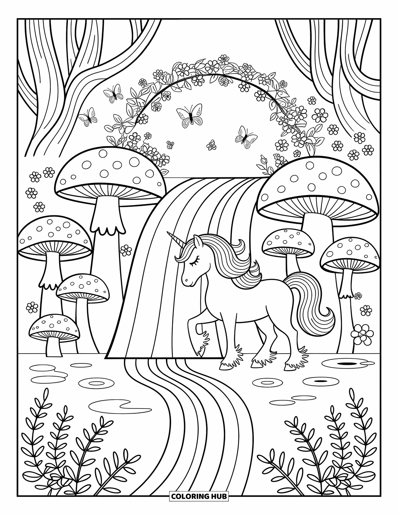 Rainbow Unicorn Coloring Page for Adults: A unicorn stands beside a rainbow waterfall flowing into a peaceful pond