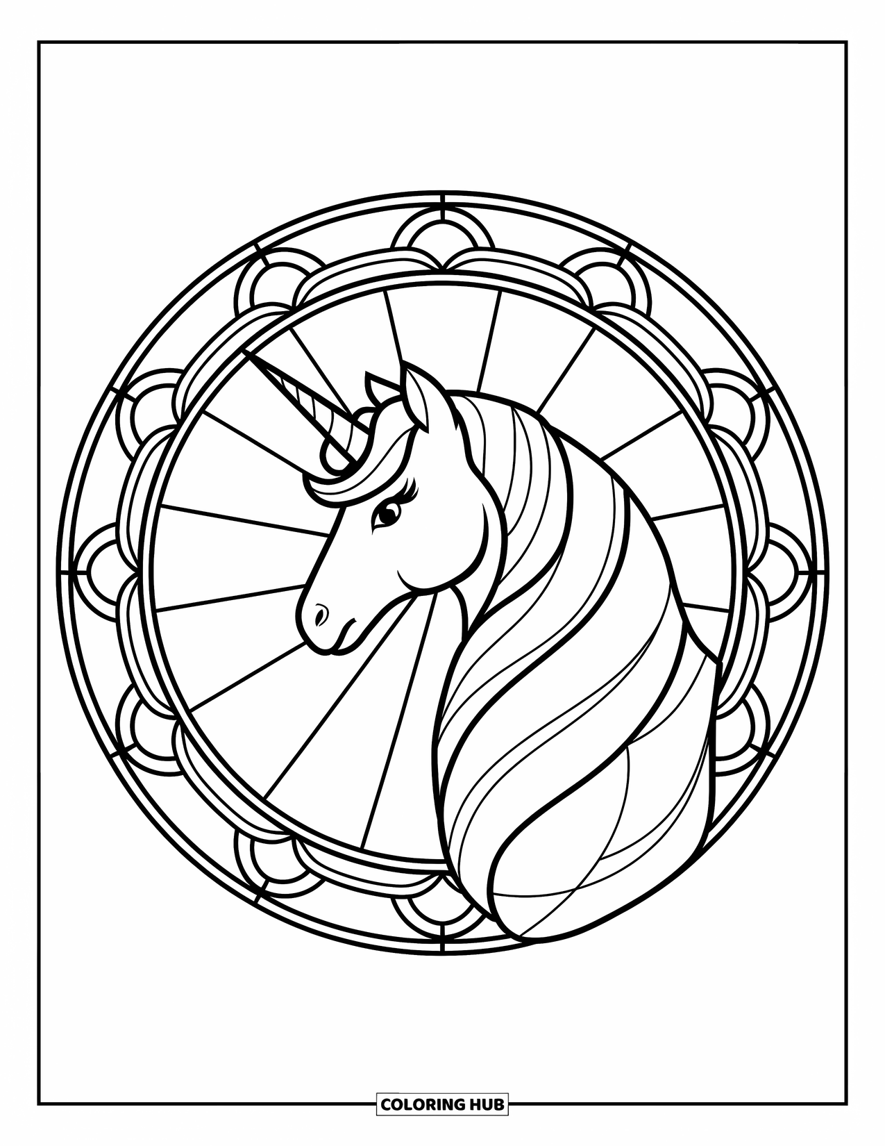 Rainbow Unicorn Coloring Page for Adults: A unicorn with a horn sits inside a detailed stained glass circle