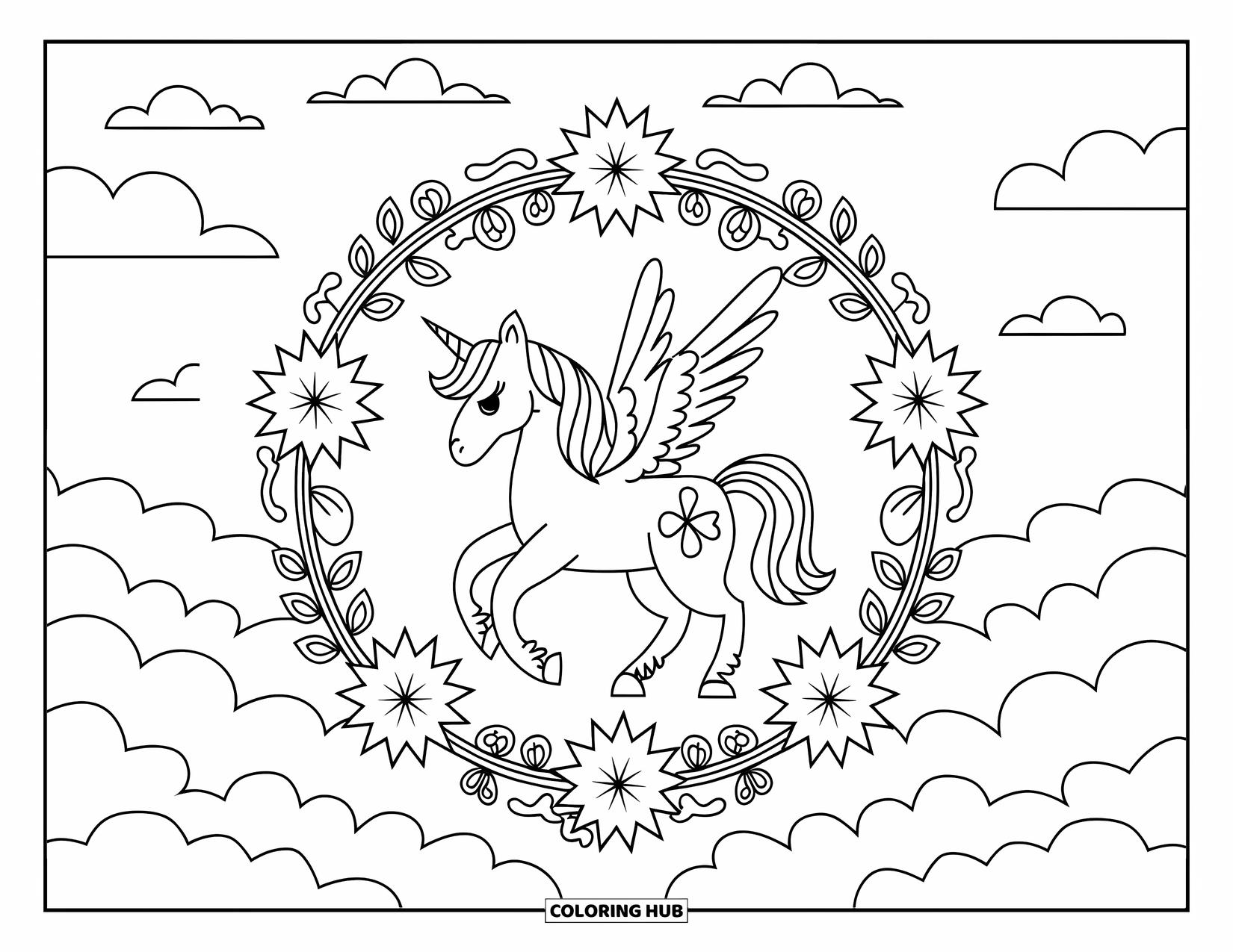 Rainbow Unicorn Coloring Page for Adults: A winged unicorn stands on a cloud surrounded by floral vines and stars