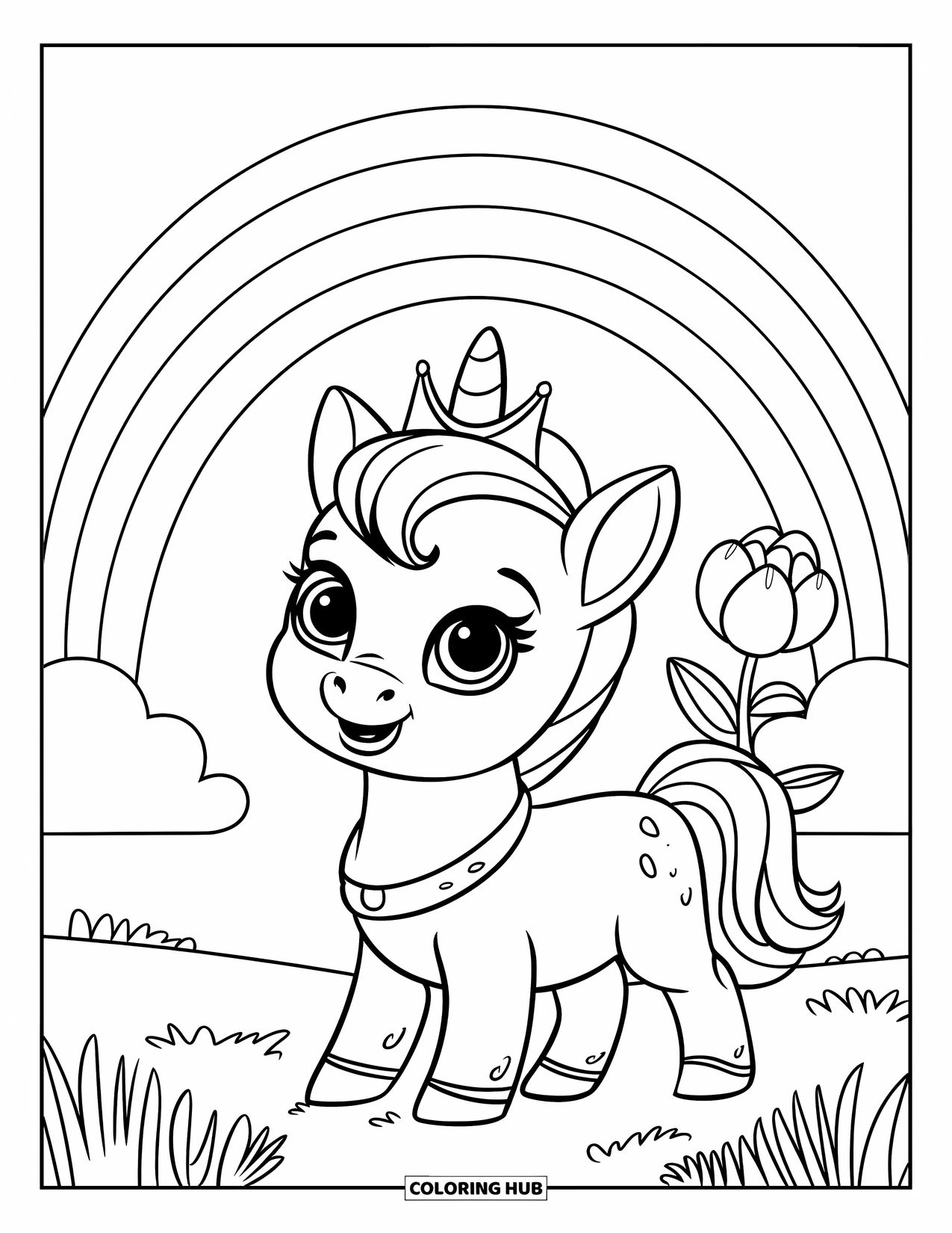 Rainbow Unicorn Coloring Page for Kids: A crowned baby unicorn smiles under a rainbow and giant bloom