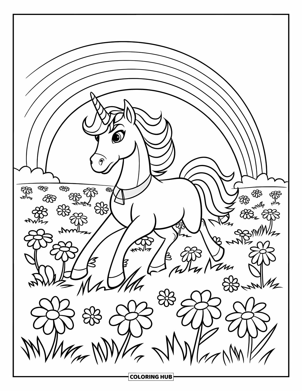 Rainbow Unicorn Coloring Page for Kids: A crowned unicorn runs through flowers under a bright rainbow