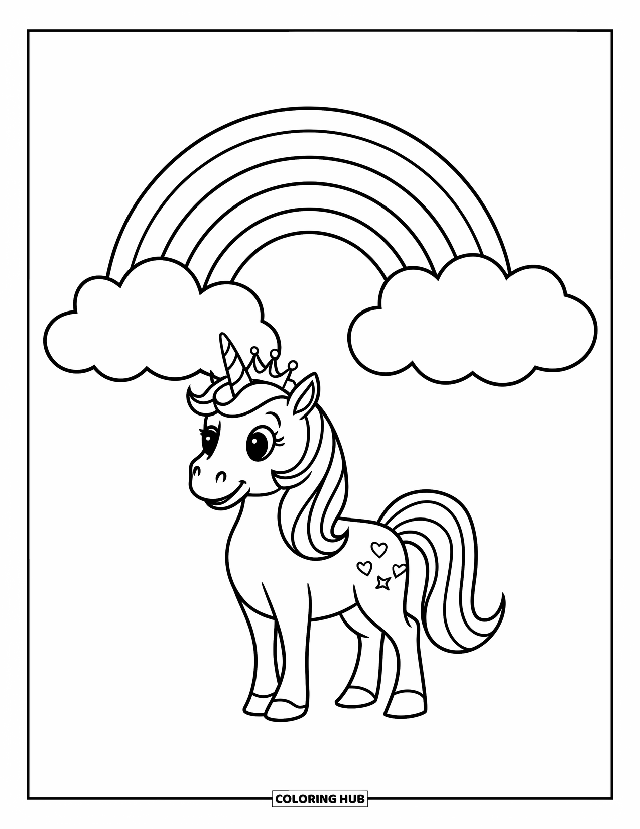Rainbow Unicorn Coloring Page for Kids: A crowned unicorn stands happily under a big rainbow and clouds