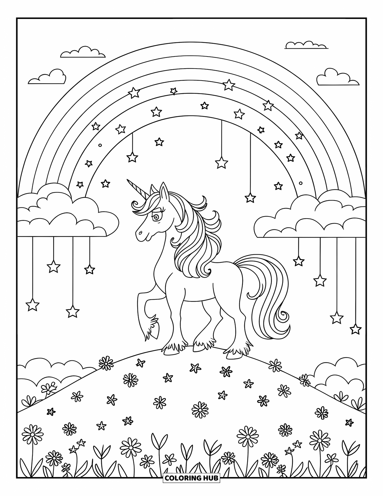 Rainbow Unicorn Coloring Page for Kids: A crowned unicorn stands on a grassy hill beneath falling stars