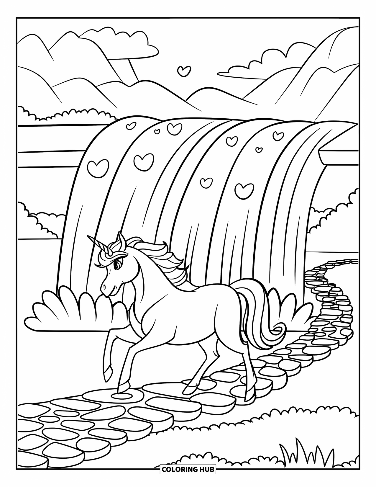 Rainbow Unicorn Coloring Page for Kids: A unicorn crosses a stone path beneath a rainbow waterfall