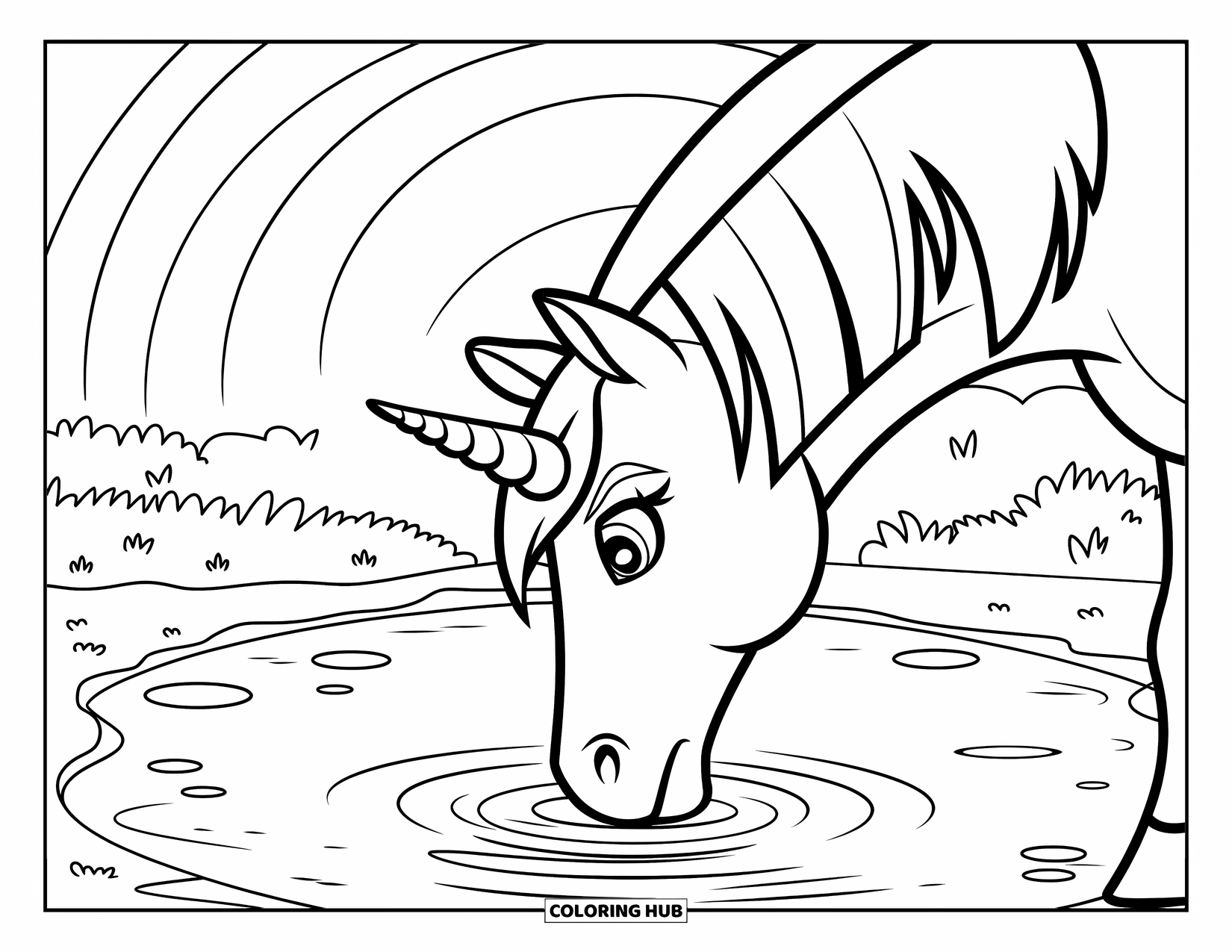 Rainbow Unicorn Coloring Page for Kids: A unicorn drinks from a rainbow-reflecting pond surrounded by trees