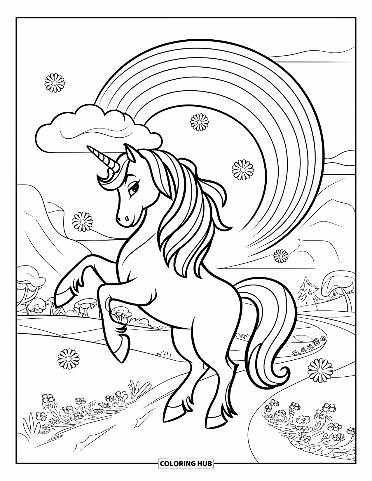 Rainbow Unicorn Coloring Page for Kids: A unicorn gazes at a spiral rainbow among flowers and mountains