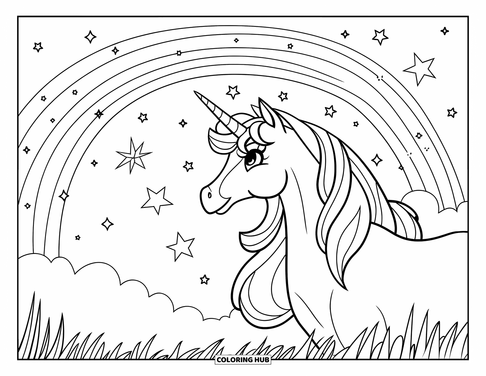 Rainbow Unicorn Coloring Page for Kids: A unicorn looks up at a rainbow glowing with stars and magic