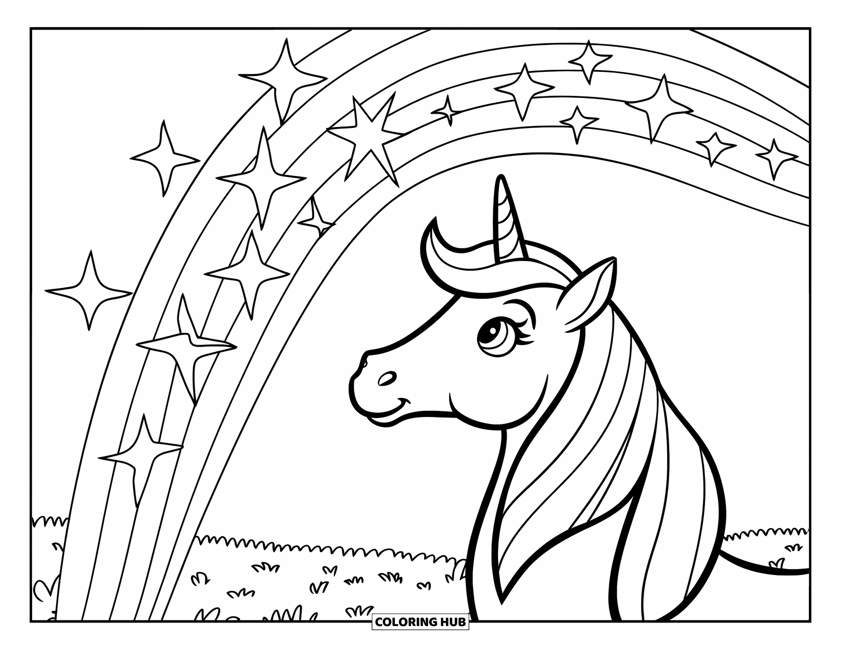 Rainbow Unicorn Coloring Page for Kids: A unicorn looks up at a sparkling rainbow above a bright field