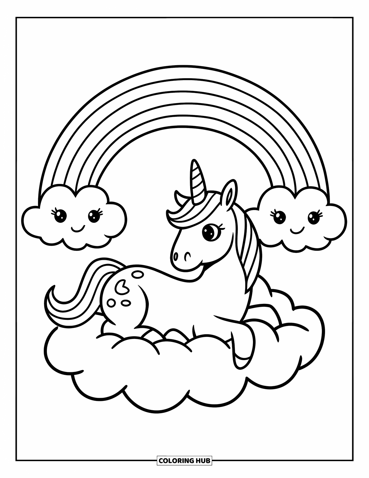 Rainbow Unicorn Coloring Page for Kids: A unicorn naps on a smiling cloud under a colorful rainbow