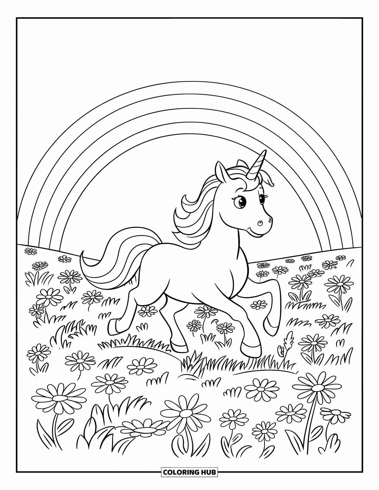 Rainbow Unicorn Coloring Page for Kids: A unicorn races across a blooming field beneath a glowing rainbow