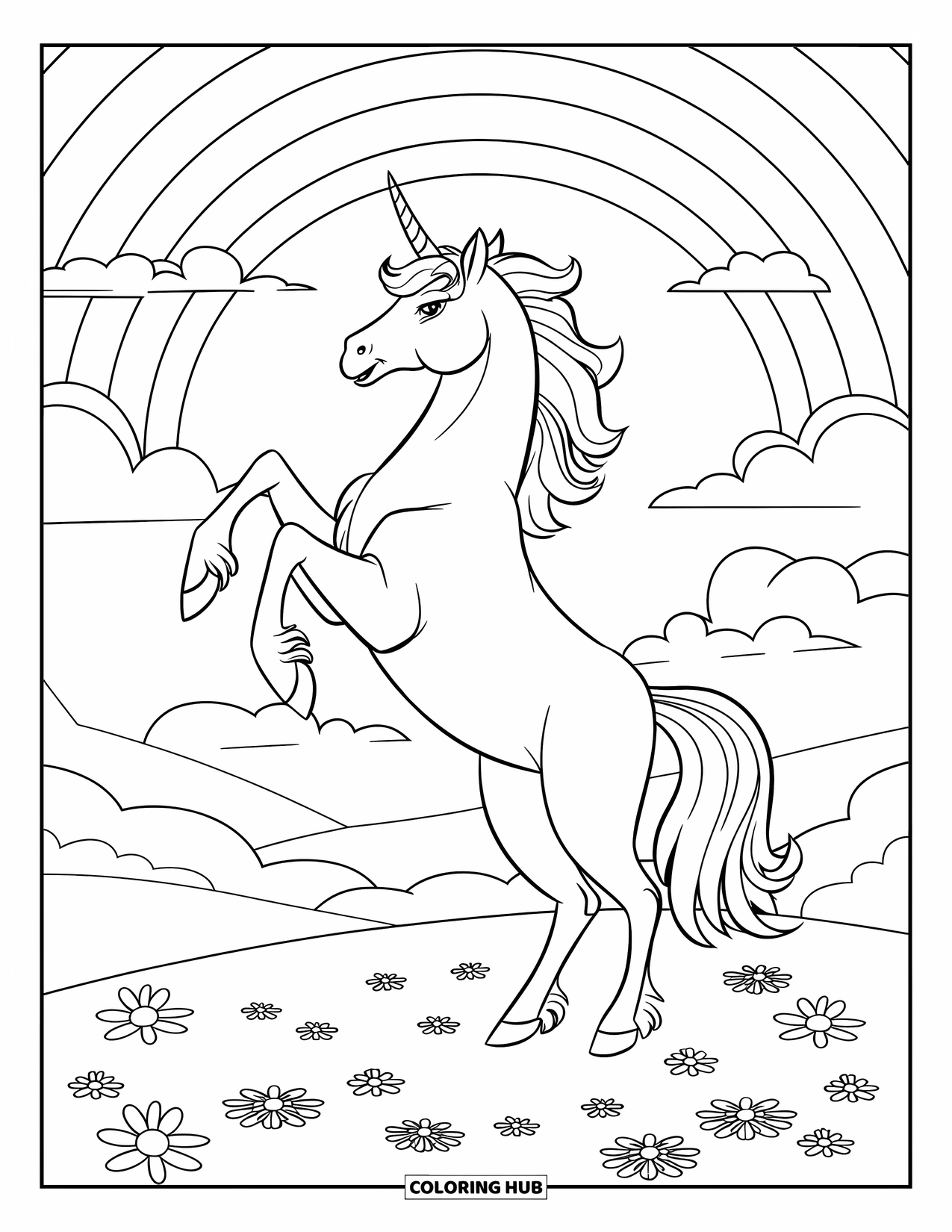 Rainbow Unicorn Coloring Page for Kids: A unicorn rears on a field under a rainbow-filled sky