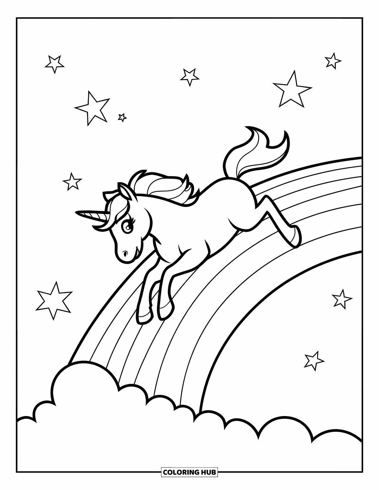 Rainbow Unicorn Coloring Page for Kids: A unicorn slides down a rainbow into a pile of fluffy clouds