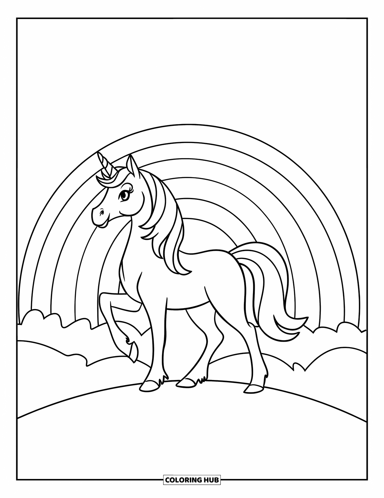 Rainbow Unicorn Coloring Page for Kids: A unicorn stands peacefully on a hill beneath a bright rainbow