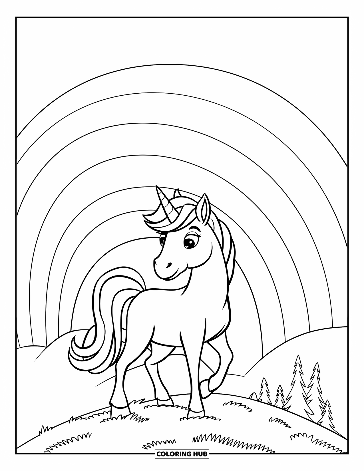 Rainbow Unicorn Coloring Page for Kids: A unicorn stands proudly on a hill beneath a big, bold rainbow