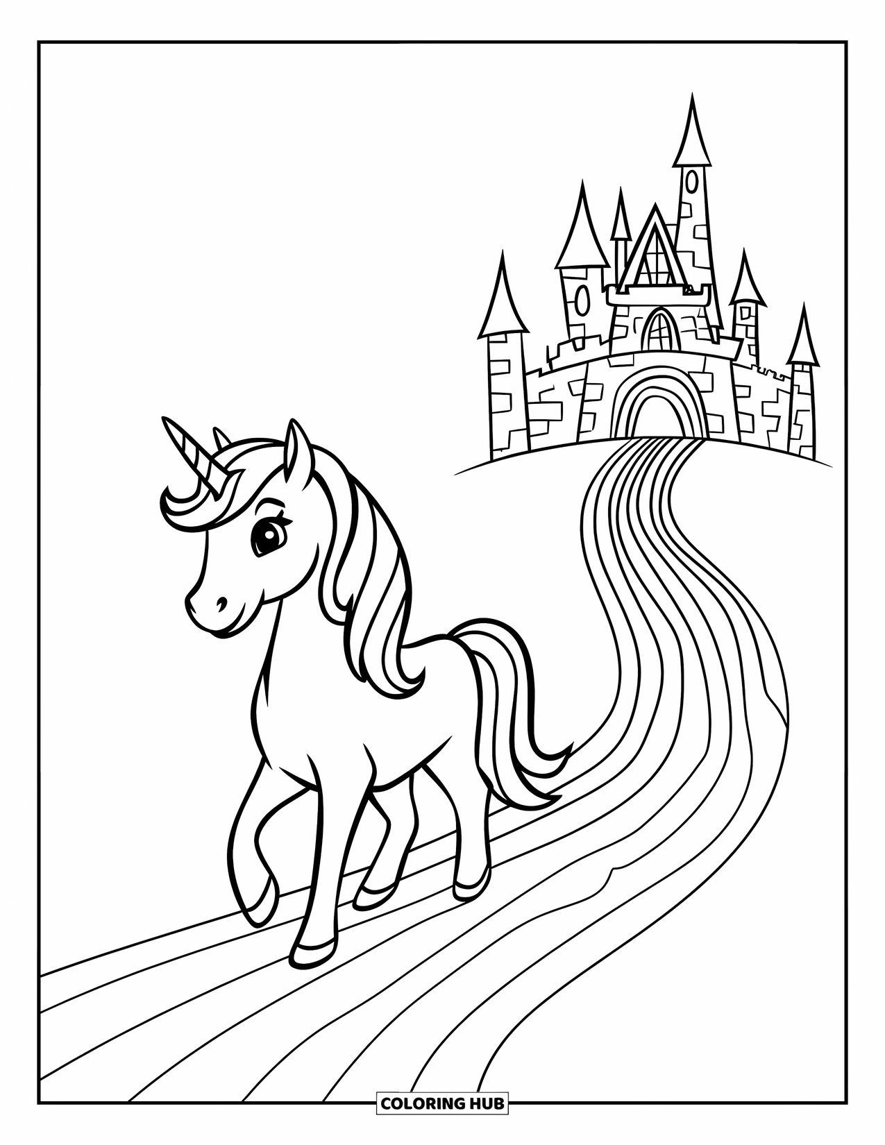 Rainbow Unicorn Coloring Page for Kids: A unicorn walks along a rainbow path leading to a castle