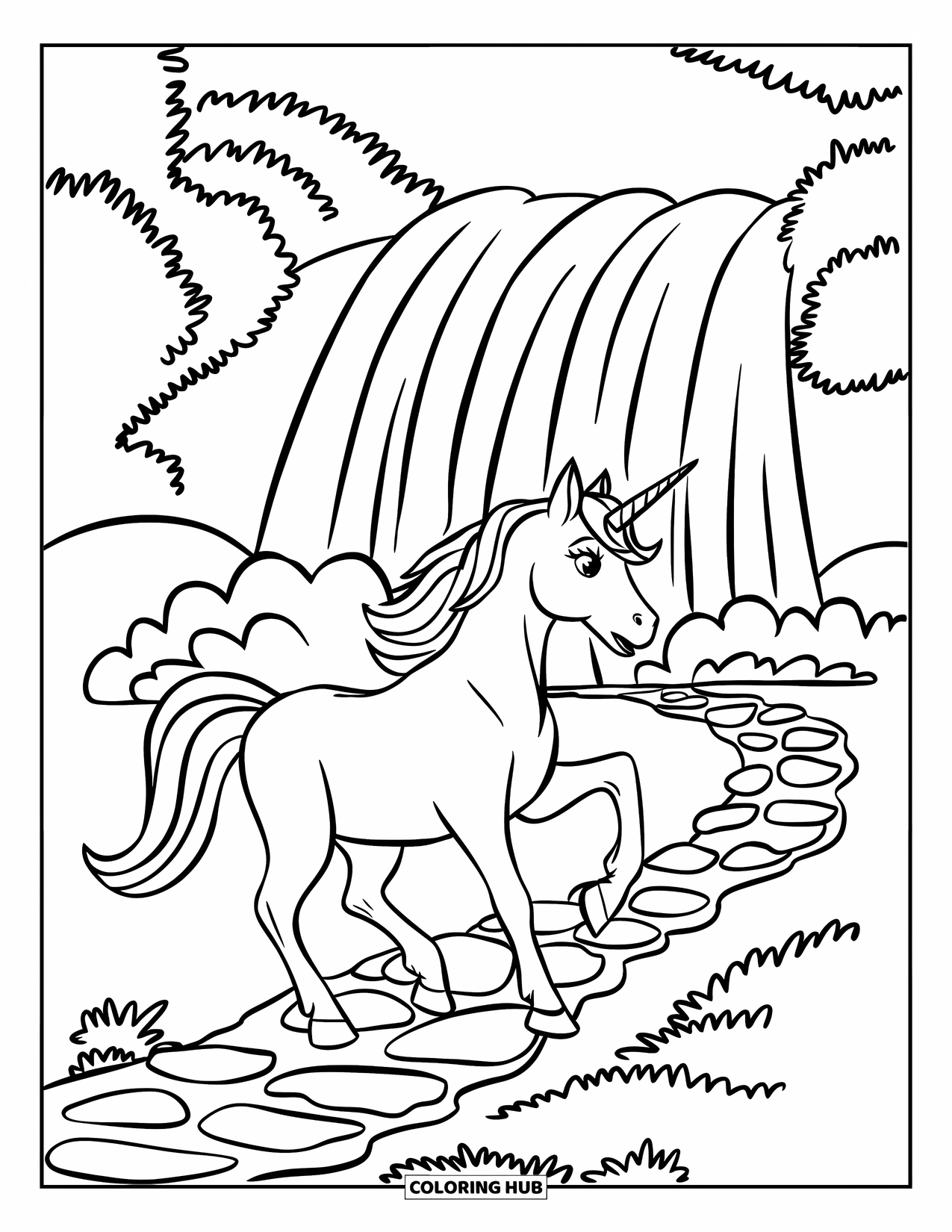 Rainbow Unicorn Coloring Page for Kids: A unicorn with a rainbow mane walks under a glowing rainbow fall