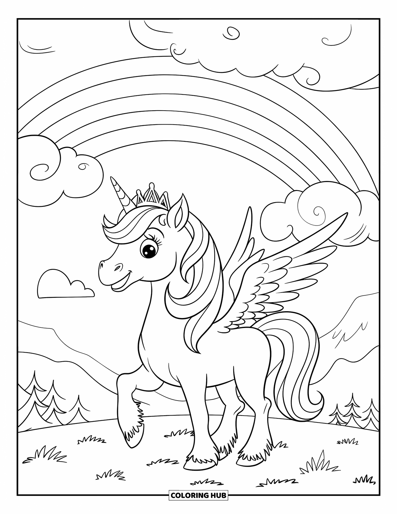 Rainbow Unicorn Coloring Page for Kids: A winged unicorn smiles beneath a rainbow over a grassy field
