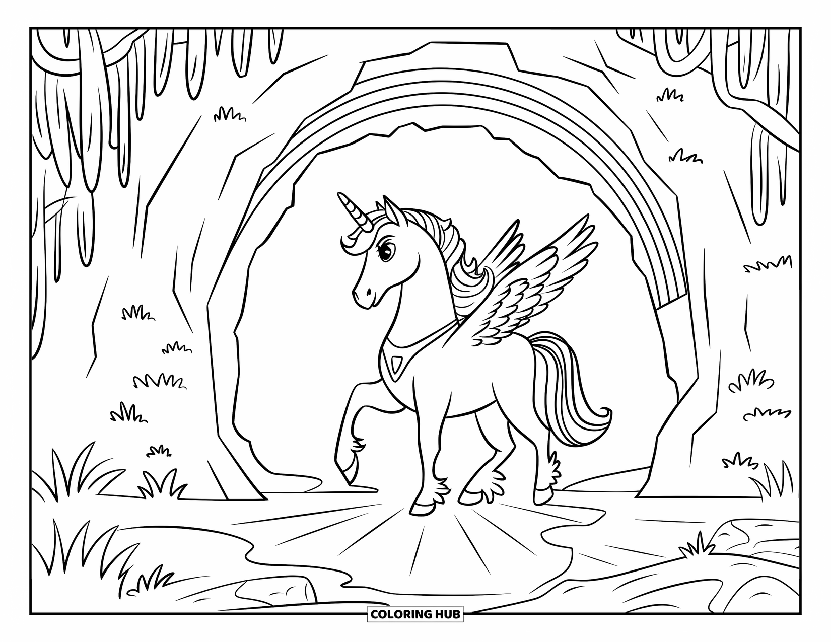 Rainbow Unicorn Coloring Page for Kids: A winged unicorn walks toward a rainbow cave in a magical forest