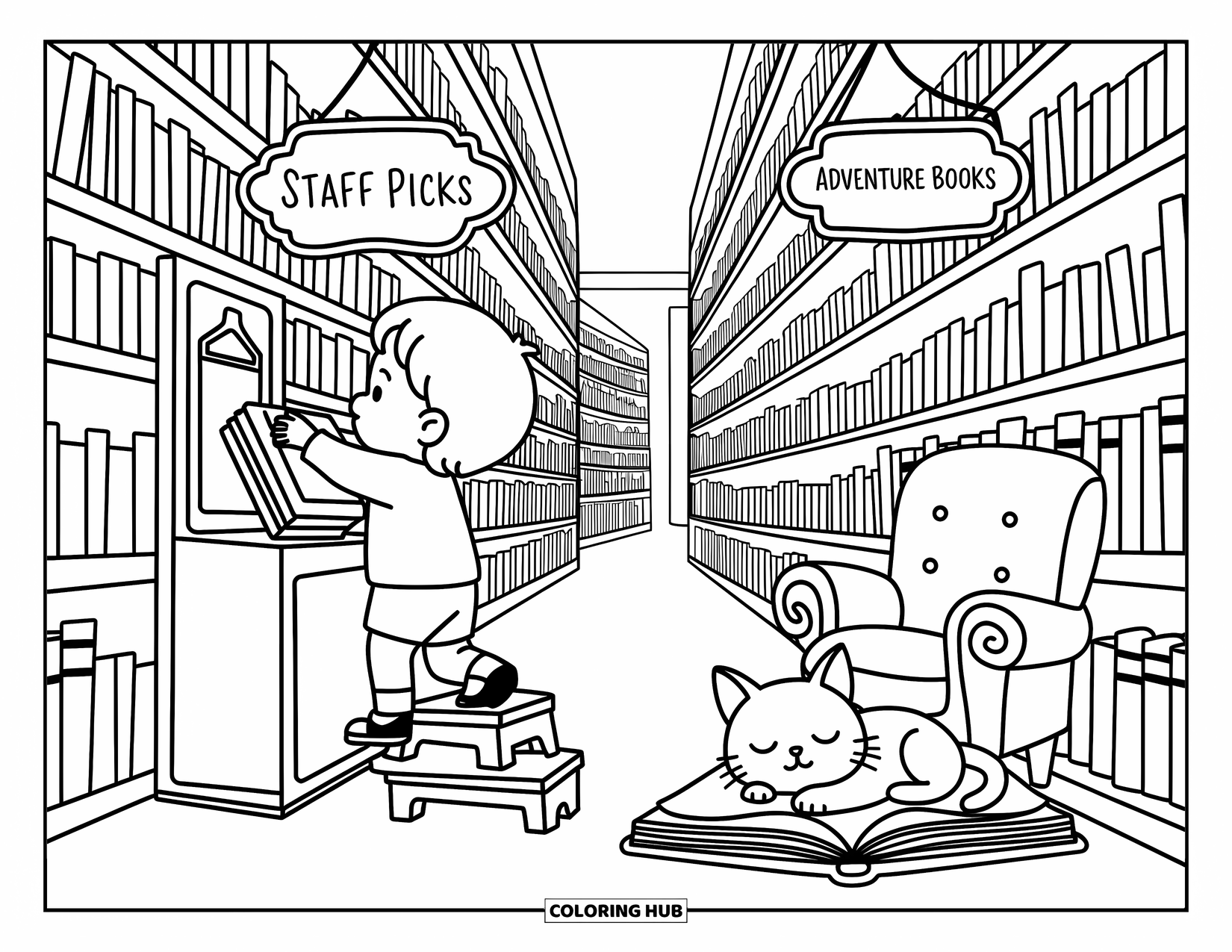 Reading Coloring Page for Adults: A child on a stool grabs a book while a cat sleeps in a warm bookshop