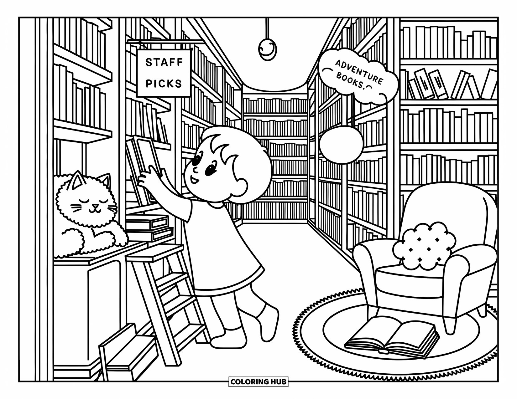 Reading Coloring Page for Adults: A child reaches for a high shelf book beside a sleepy shop cat