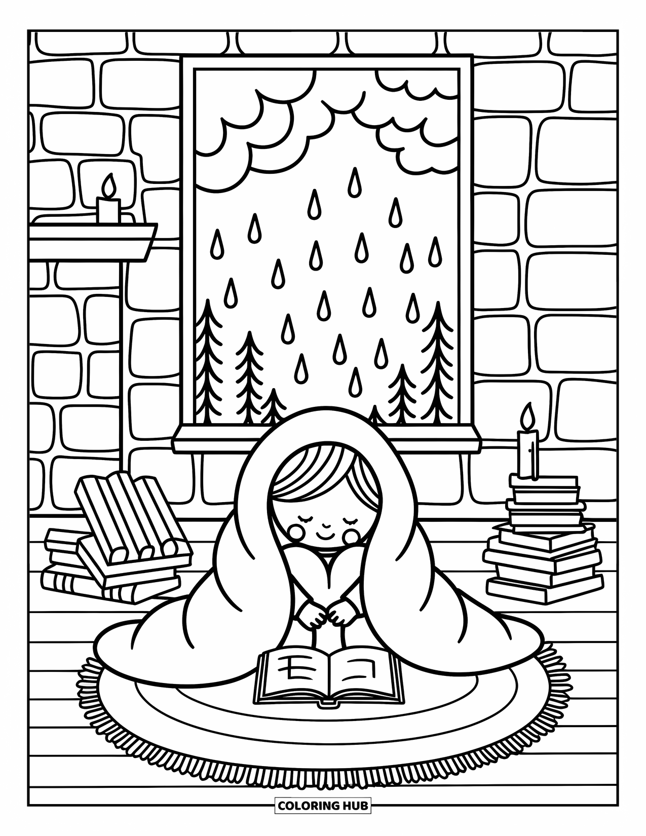 Reading Coloring Page for Adults: A child reads by a fireplace as rain falls outside the window